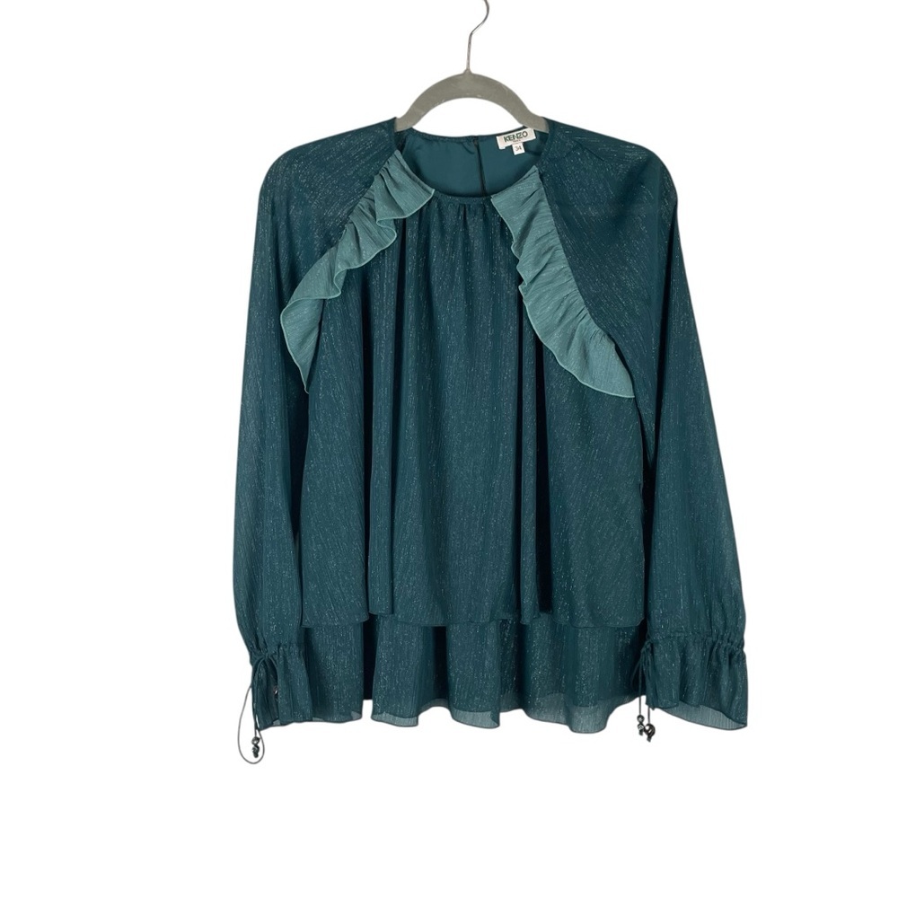 Kenzo Paris Teal Shimmer Ruffle Blouse Size FR 34 (US 2)